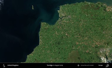 Torridge. Ağustos 2019 'da çekilen Kopernik Nöbetçi karolarından oluşan bir uydu görüntüsü üzerinde Birleşik Krallık' ın idari alanı