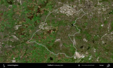 Trafford 'da. Ocak 2021 'de çekilen Kopernik Nöbetçi karolarından oluşan bir uydu görüntüsü üzerinde Birleşik Krallık' ın idari alanının ana hatlarını belirledik.
