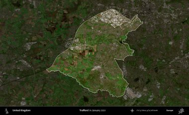 Trafford 'da. Birleşik Krallık 'ın idari alanı, Ocak 2021' de çekilen Kopernik Nöbetçi karolarından oluşan koyu renkli bir uydu görüntüsü üzerinde vurgulandı ve özetlendi.
