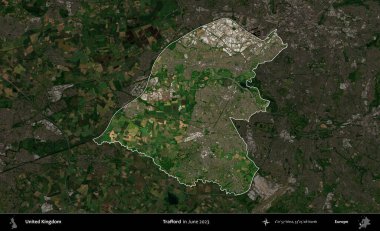 Trafford 'da. Birleşik Krallık 'ın idari alanı, Haziran 2023' te çekilen Kopernik Nöbetçi karolarından oluşan koyu renkli bir uydu görüntüsüyle vurgulanmış ve özetlenmiştir.