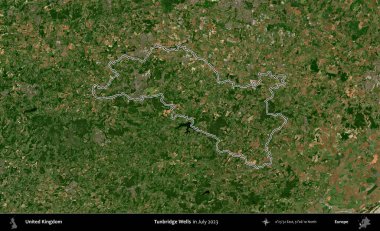 Tunbridge Wells 'de. Temmuz 2023 'te çekilen Copernicus Sentinel karolarından oluşan bir uydu görüntüsü üzerinde Birleşik Krallık' ın idari bölgesinin ana hatlarını belirledik.