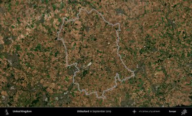 Uttlesford 'da. Eylül 2019 'da çekilen Kopernik Nöbetçi karolarından oluşan bir uydu görüntüsü üzerinde Birleşik Krallık' ın idari alanının ana hatlarını belirledik.