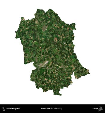 Uttlesford 'da. Birleşik Krallık 'ın idari alanı, Haziran 2023' te çekilen Kopernik Nöbetçi karolarından oluşan bir uydu görüntüsü üzerinde beyaza izole edilmiştir.