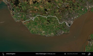 Glamorgan Vadisi. Şubat 2021 'de çekilen Kopernik Nöbetçi karolarından oluşan bir uydu görüntüsü üzerinde Birleşik Krallık' ın idari alanının ana hatlarını belirledik.