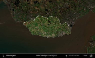Glamorgan Vadisi. Birleşik Krallık 'ın idari alanı, Şubat 2021' de çekilen Kopernik Nöbetçi karolarından oluşan koyu renkli bir uydu görüntüsü üzerinde vurgulandı ve özetlendi.