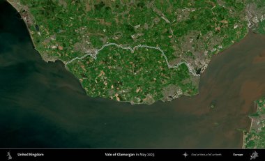 Glamorgan Vadisi. Mayıs 2023 'te çekilen Copernicus Sentinel karolarından oluşan bir uydu görüntüsü üzerinde Birleşik Krallık' ın idari alanının ana hatlarını belirledik.
