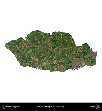 Glamorgan Vadisi. Birleşik Krallık 'ın idari alanı, Haziran 2023' te çekilen Kopernik Nöbetçi karolarından oluşan bir uydu görüntüsü üzerinde beyaza izole edilmiştir.