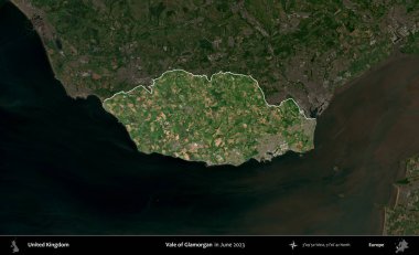 Glamorgan Vadisi. Birleşik Krallık 'ın idari alanı, Haziran 2023' te çekilen Kopernik Nöbetçi karolarından oluşan koyu renkli bir uydu görüntüsüyle vurgulanmış ve özetlenmiştir.
