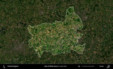 Beyaz At Vadisi. Birleşik Krallık 'ın idari alanı, Haziran 2018' de çekilen Kopernik Nöbetçi karolarından oluşan koyu renkli bir uydu görüntüsü üzerinde vurgulandı ve özetlendi.