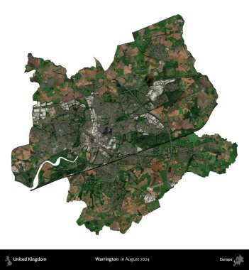 Warrington. Birleşik Krallık 'ın idari alanı, Ağustos 2024' te çekilen Kopernik Nöbetçi karolarından oluşan bir uydu görüntüsü üzerinde beyaza izole edilmiştir.