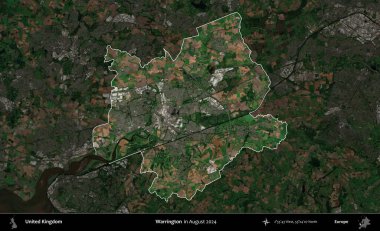 Warrington. Birleşik Krallık 'ın idari alanı, Ağustos 2024' te çekilen Kopernik Nöbetçi karolarından oluşan koyu renkli bir uydu görüntüsü üzerinde vurgulandı ve özetlendi.
