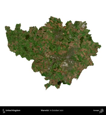 Warwick. Birleşik Krallık 'ın idari alanı, Ekim 2021' de çekilen Kopernik Nöbetçi karolarından oluşan bir uydu görüntüsüyle beyaza izole edildi.