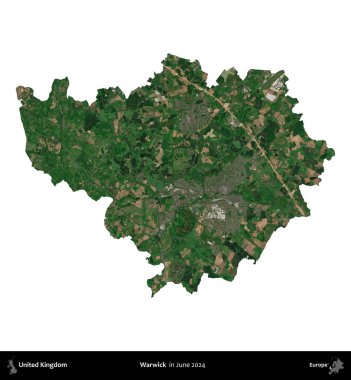 Warwick. Birleşik Krallık 'ın idari alanı, Haziran 2024' te çekilen Kopernik Nöbetçi karolarından oluşan bir uydu görüntüsüyle beyaza izole edilmiştir.