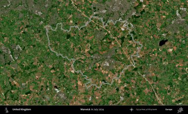 Warwick. Temmuz 2024 'te çekilen Copernicus Sentinel karolarından oluşan bir uydu görüntüsü üzerinde Birleşik Krallık' ın idari bölgesinin ana hatlarını belirledik.