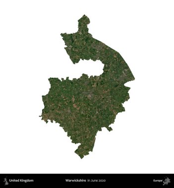 Warwickshire 'da. Birleşik Krallık 'ın idari alanı, Haziran 2020' de çekilen Kopernik Nöbetçi karolarından oluşan bir uydu görüntüsüyle beyaza izole edilmiştir.