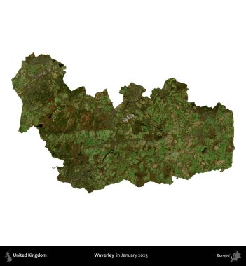 Waverley. Birleşik Krallık 'ın idari alanı, Copernicus Sentinel' in Ocak 2025 'te çekilen uydu görüntüsüyle beyaza izole edilmiştir.
