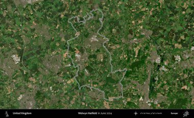 Welwyn Hatfield. Haziran 2024 'te çekilen Kopernik Nöbetçi karolarından oluşan bir uydu görüntüsü üzerinde Birleşik Krallık' ın idari alanının ana hatlarını belirledik.