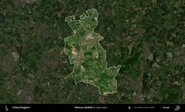 Welwyn Hatfield. Birleşik Krallık 'ın idari alanı, Haziran 2024' te çekilen Kopernik Nöbetçi karolarından oluşan koyu renkli bir uydu görüntüsü üzerinde vurgulandı ve özetlendi.