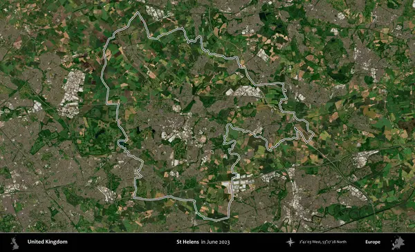 Aziz Helens. Haziran 2023 'te çekilen Kopernik Nöbetçi karolarından oluşan bir uydu görüntüsü üzerinde Birleşik Krallık' ın idari alanının ana hatlarını belirledik.