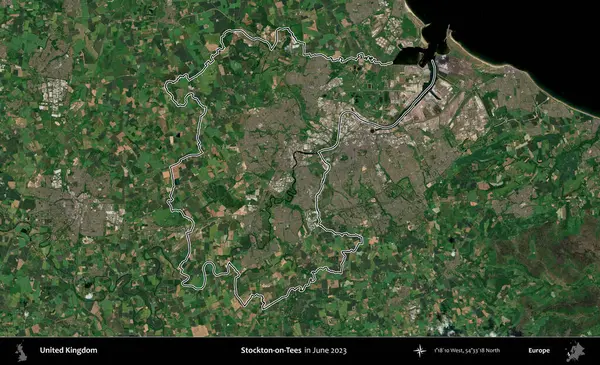 Stockton-on-Tees. Haziran 2023 'te çekilen Kopernik Nöbetçi karolarından oluşan bir uydu görüntüsü üzerinde Birleşik Krallık' ın idari alanının ana hatlarını belirledik.