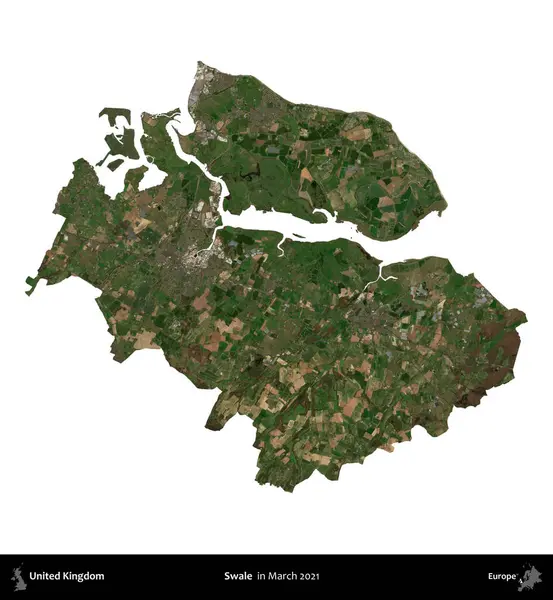 Swale. Birleşik Krallık 'ın idari alanı, Mart 2021' de çekilen Kopernik Nöbetçi karolarından oluşan bir uydu görüntüsü üzerinde beyaza izole edilmiştir.