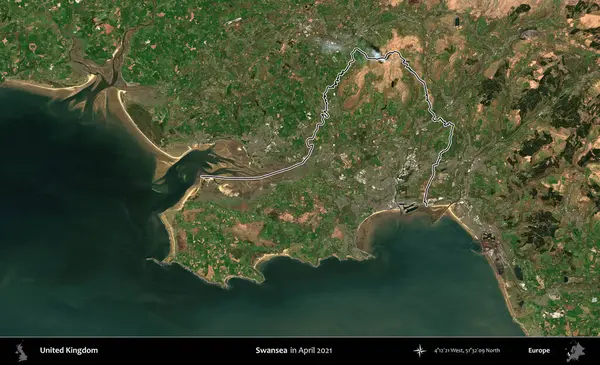 Swansea 'de. Nisan 2021 'de çekilen Kopernik Nöbetçi karolarından oluşan bir uydu görüntüsü üzerinde Birleşik Krallık' ın idari bölgesinin ana hatlarını belirledik.