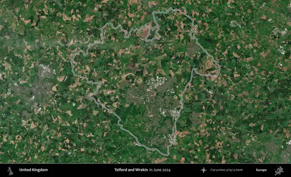 Telford ve Wrekin. Haziran 2024 'te çekilen Kopernik Nöbetçi karolarından oluşan bir uydu görüntüsü üzerinde Birleşik Krallık' ın idari alanının ana hatlarını belirledik.