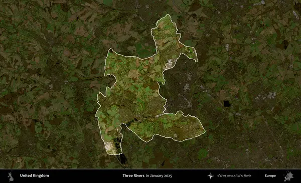 Üç Nehir. Birleşik Krallık 'ın idari alanı, Ocak 2025' te çekilen Kopernik Nöbetçi karolarından oluşan koyu renkli bir uydu görüntüsü üzerinde vurgulandı ve özetlendi.