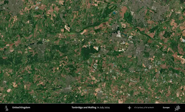 Tonbridge ve Malling. Temmuz 2024 'te çekilen Kopernik Nöbetçi karolarından oluşan bir uydu görüntüsü üzerinde Birleşik Krallık' ın idari alanı