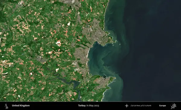 Torbay. Mayıs 2023 'te Copernicus Sentinel karolarından oluşan bir uydu görüntüsü üzerinde Birleşik Krallık' ın idari alanı
