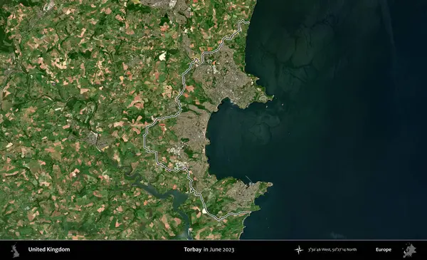 Torbay. Haziran 2023 'te çekilen Kopernik Nöbetçi karolarından oluşan bir uydu görüntüsü üzerinde Birleşik Krallık' ın idari alanının ana hatlarını belirledik.