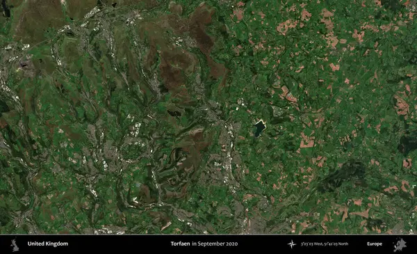 Torfaen. Eylül 2020 'de Copernicus Sentinel karolarından oluşan bir uydu görüntüsü üzerinde Birleşik Krallık' ın idari alanı