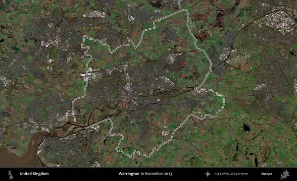 Warrington. Kasım 2023 'te çekilen Kopernik Nöbetçi karolarından oluşan bir uydu görüntüsü üzerinde Birleşik Krallık' ın idari alanının ana hatlarını belirledik.