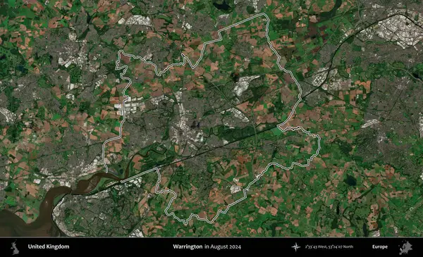 Warrington. Ağustos 2024 'te çekilen Kopernik Nöbetçi karolarından oluşan bir uydu görüntüsü üzerinde Birleşik Krallık' ın idari bölgesinin ana hatlarını belirledik.