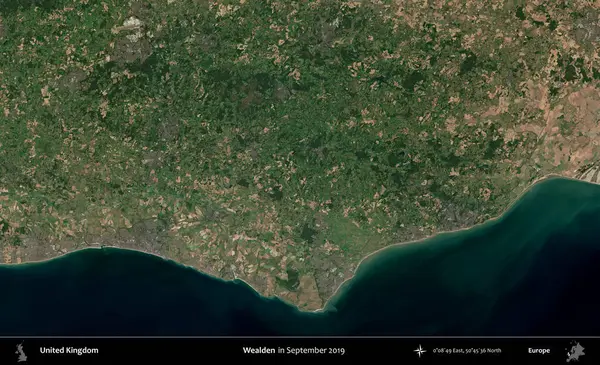 Varlıklı. Eylül 2019 'da çekilen Kopernik Nöbetçi karolarından oluşan bir uydu görüntüsü üzerinde Birleşik Krallık' ın idari alanı