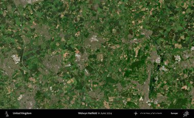 Welwyn Hatfield. Haziran 2024 'te çekilen Kopernik Nöbetçi karolarından oluşan bir uydu görüntüsü üzerinde Birleşik Krallık' ın idari alanı