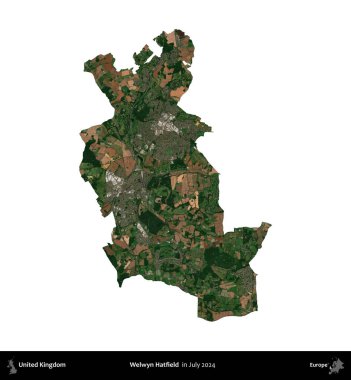 Welwyn Hatfield. Birleşik Krallık 'ın idari alanı, Temmuz 2024' te çekilen Kopernik Nöbetçi karolarından oluşan bir uydu görüntüsü ile beyaza izole edilmiştir.