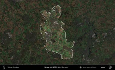Welwyn Hatfield. Birleşik Krallık 'ın idari alanı, Kasım 2024' te çekilen Kopernik Nöbetçi karolarından oluşan koyu renkli bir uydu görüntüsü üzerinde vurgulandı ve özetlendi.
