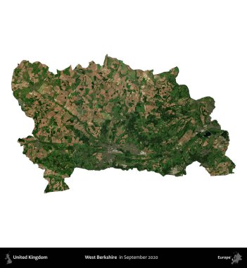 Batı Berkshire. Birleşik Krallık 'ın idari alanı, Eylül 2020' de çekilen Kopernik Nöbetçi karolarından oluşan bir uydu görüntüsü üzerinde beyaza izole edilmiştir.