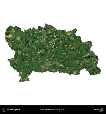 Batı Berkshire. Birleşik Krallık 'ın idari alanı, Mayıs 2021' de çekilen Kopernik Nöbetçi karolarından oluşan bir uydu görüntüsü üzerinde beyaza izole edilmiştir.