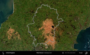Batı Devon. Ocak 2017 'de çekilen Kopernik Nöbetçi karolarından oluşan bir uydu görüntüsü üzerinde Birleşik Krallık' ın idari alanının ana hatlarını belirledik.