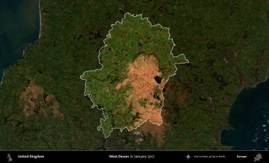 Batı Devon. Birleşik Krallık 'ın idari alanı, Ocak 2017' de çekilen Kopernik Nöbetçi karolarından oluşan koyu renkli bir uydu görüntüsü üzerinde vurgulandı ve özetlendi.