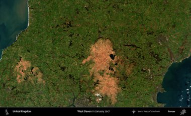 Batı Devon. Ocak 2017 'de çekilen Kopernik Nöbetçi karolarından oluşan bir uydu görüntüsü üzerinde Birleşik Krallık' ın idari alanı