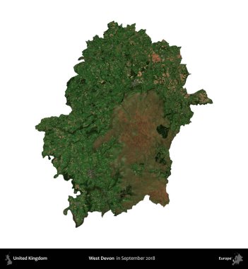 Batı Devon. Birleşik Krallık 'ın idari alanı, Eylül 2018' de çekilen Kopernik Nöbetçi karolarından oluşan bir uydu görüntüsü üzerinde beyaza izole edilmiştir.