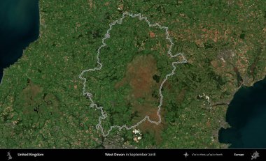 Batı Devon. Eylül 2018 'de çekilen Kopernik Nöbetçi karolarından oluşan bir uydu görüntüsü üzerinde Birleşik Krallık' ın idari alanının ana hatlarını belirledik.
