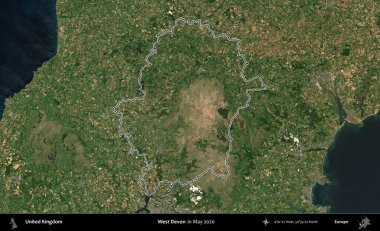 Batı Devon. Mayıs 2020 'de çekilen Copernicus Sentinel karolarından oluşan bir uydu görüntüsü üzerinde Birleşik Krallık' ın idari bölgesini özetledik.