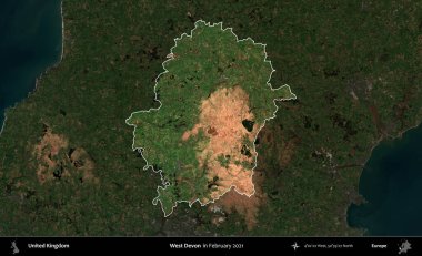 Batı Devon. Birleşik Krallık 'ın idari alanı, Şubat 2021' de çekilen Kopernik Nöbetçi karolarından oluşan koyu renkli bir uydu görüntüsü üzerinde vurgulandı ve özetlendi.