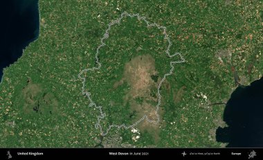 Batı Devon. Haziran 2021 'de çekilen Kopernik Nöbetçi karolarından oluşan bir uydu görüntüsü üzerinde Birleşik Krallık' ın idari alanının ana hatlarını belirledik.
