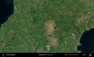 Batı Devon. Haziran 2021 'de çekilen Kopernik Nöbetçi karolarından oluşan bir uydu görüntüsü üzerinde Birleşik Krallık' ın idari alanı