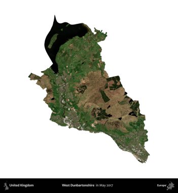 Batı Dunbartonshire. Birleşik Krallık 'ın idari alanı, Mayıs 2017' de çekilen Kopernik Nöbetçi karolarından oluşan bir uydu görüntüsü üzerinde beyaza izole edilmiştir.